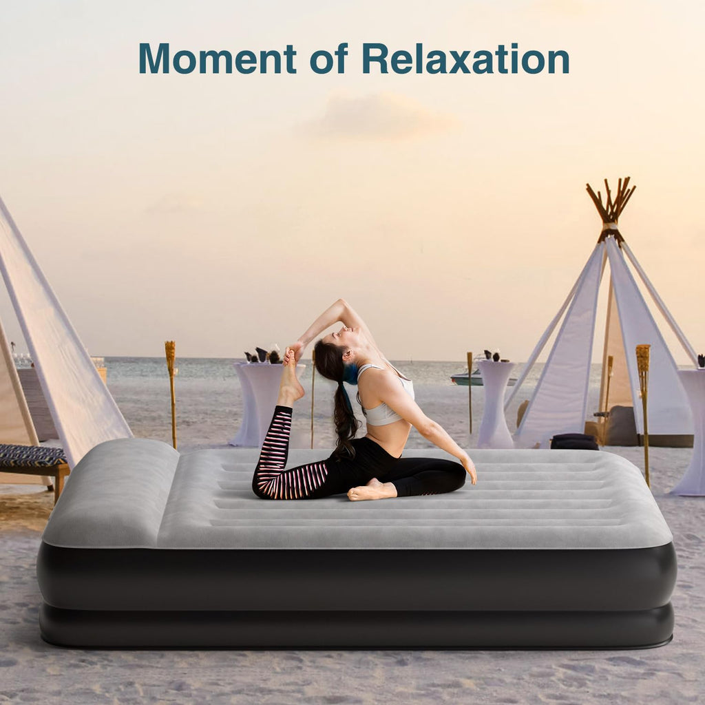 Ezyrest Queen Air Mattress Waterproof and Easy-to-Clean, Blow Up Mattress with Built-in Pump, Durable Inflatable Mattress with Pillow Design Suitable for Naps, Hosting a Friend and Camping
