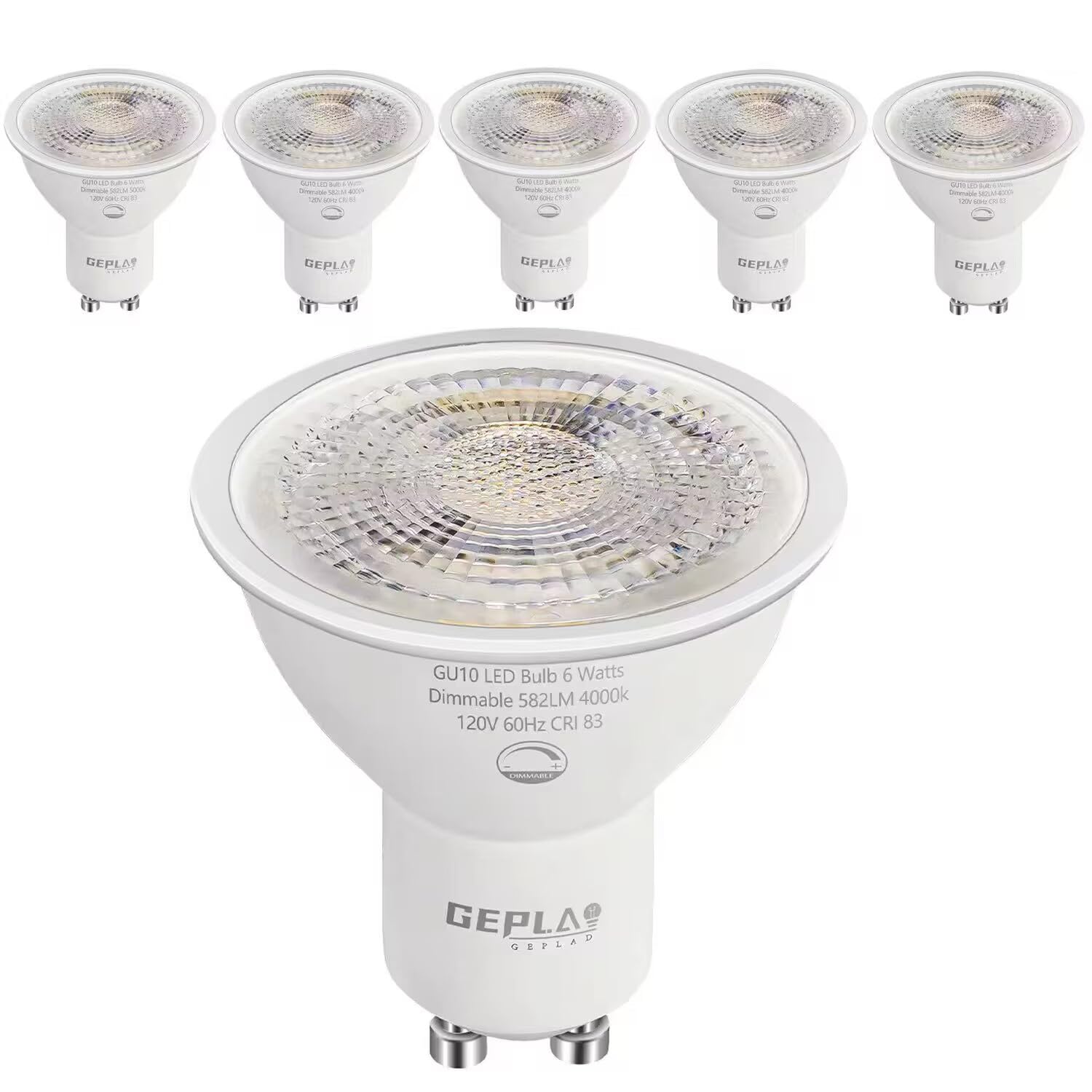 GEPLAD 6-Pack GU10 LED Bulbs 6W Dimmable,4000K Cool White, 582LM,38° Beam Angle, Replacement 50W Halogen Light Bulb, for Spotlight Track&Recessed Lighting