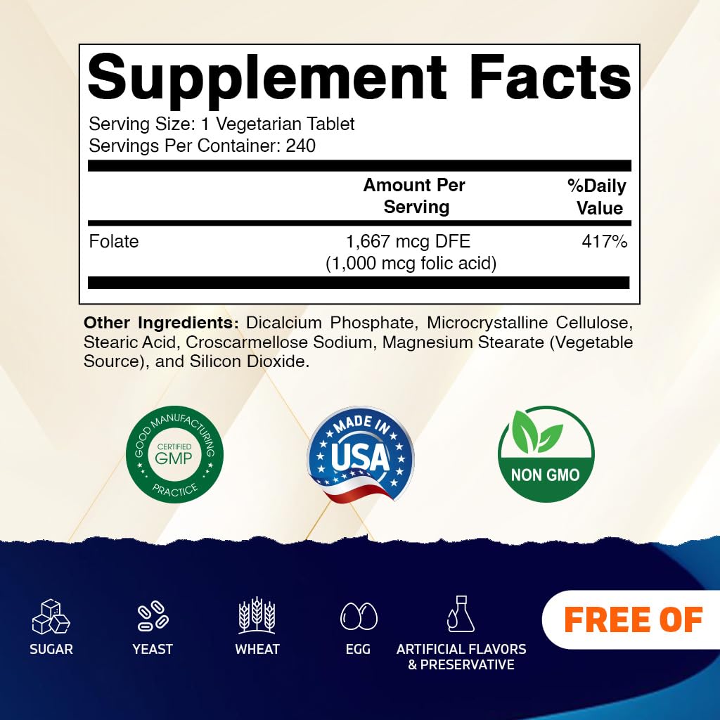 Vitamatic Folic Acid 1000 mcg (1 mg) – 240 Vegetarian Tablets (Pack of 2) 1667 mcg DFE – Vitamin B9 for Prenatal, Heart & Cellular Health
