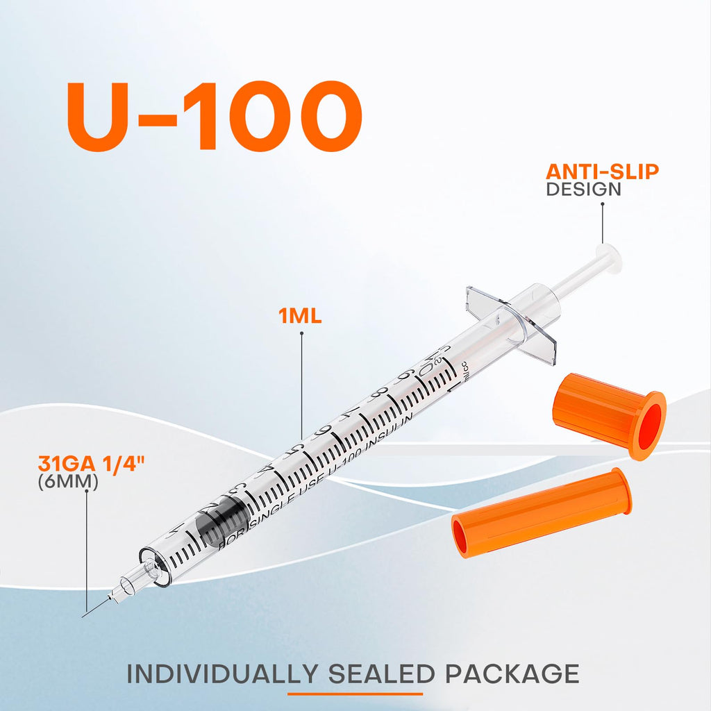 31G 1/4''(6mm) U-100 1mL/cc Lab Syringes Individually Wrapped, Pack of 100