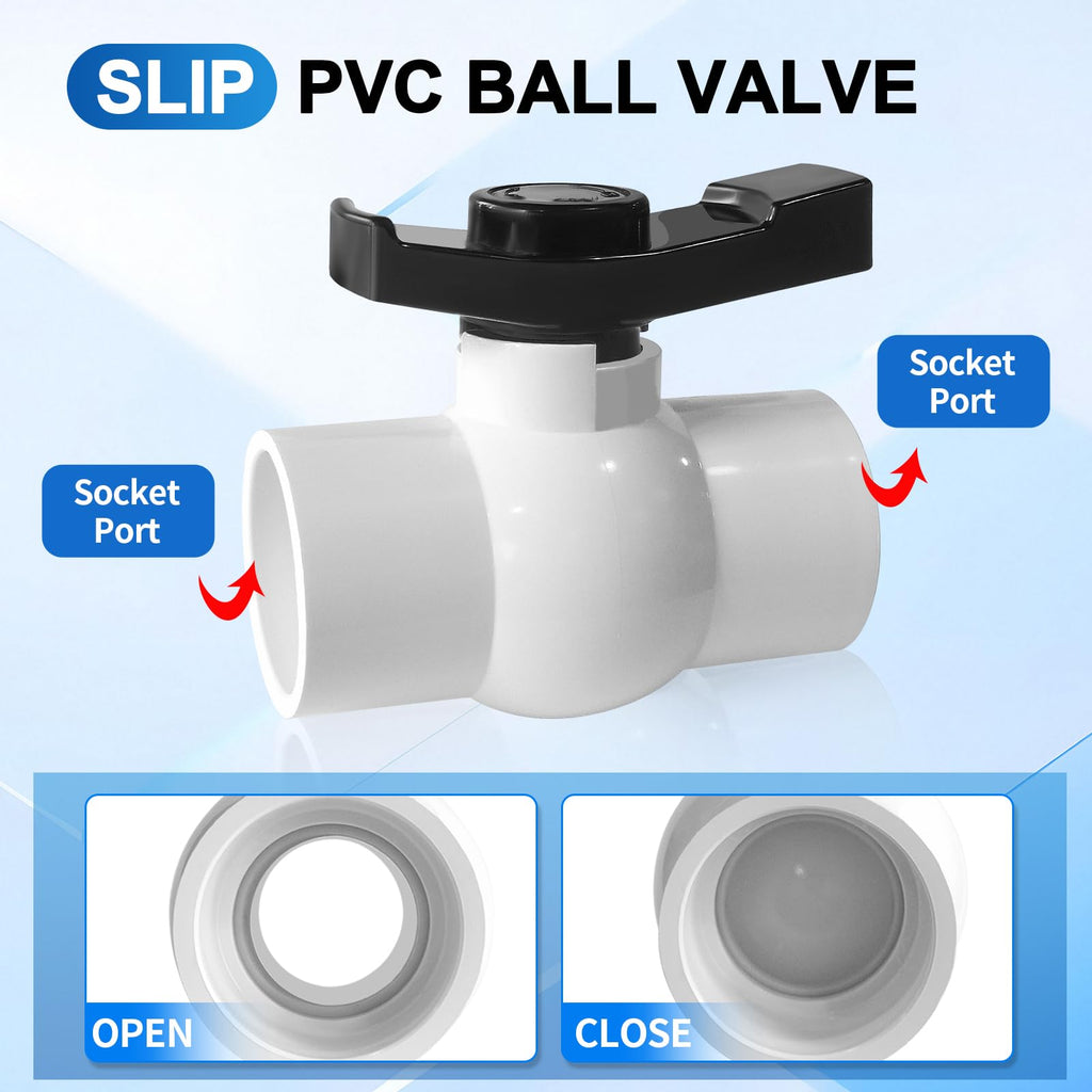 Boltigen 2Pack 1-1/2 inch Slip PVC Ball Valves, 1.5'' SCH40 PVC Water Shut Off Valve with Double Socket Full Flow Port, ''T'' Handle Plastic Control Valve, for Pool, Irrigation, Sewage Water Pipe