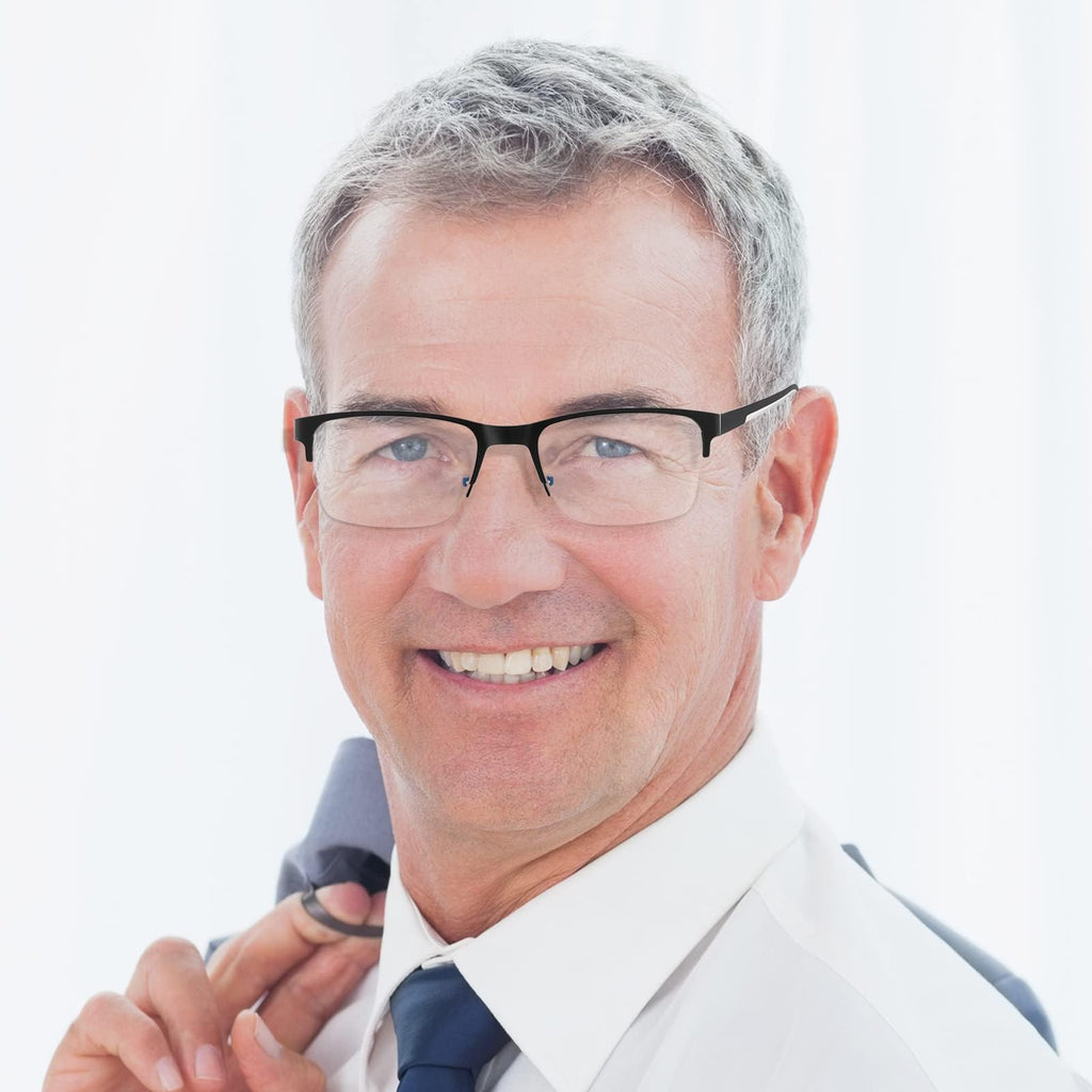 Multifocus Reading Glasses Men Progressive Multifocal Blue Light Computer Reader Half Frame Metal Extra Wide Eyeglasses No Line Bifocals Large Designer Cheaters Transition Square Eyewear 2packs 1.75