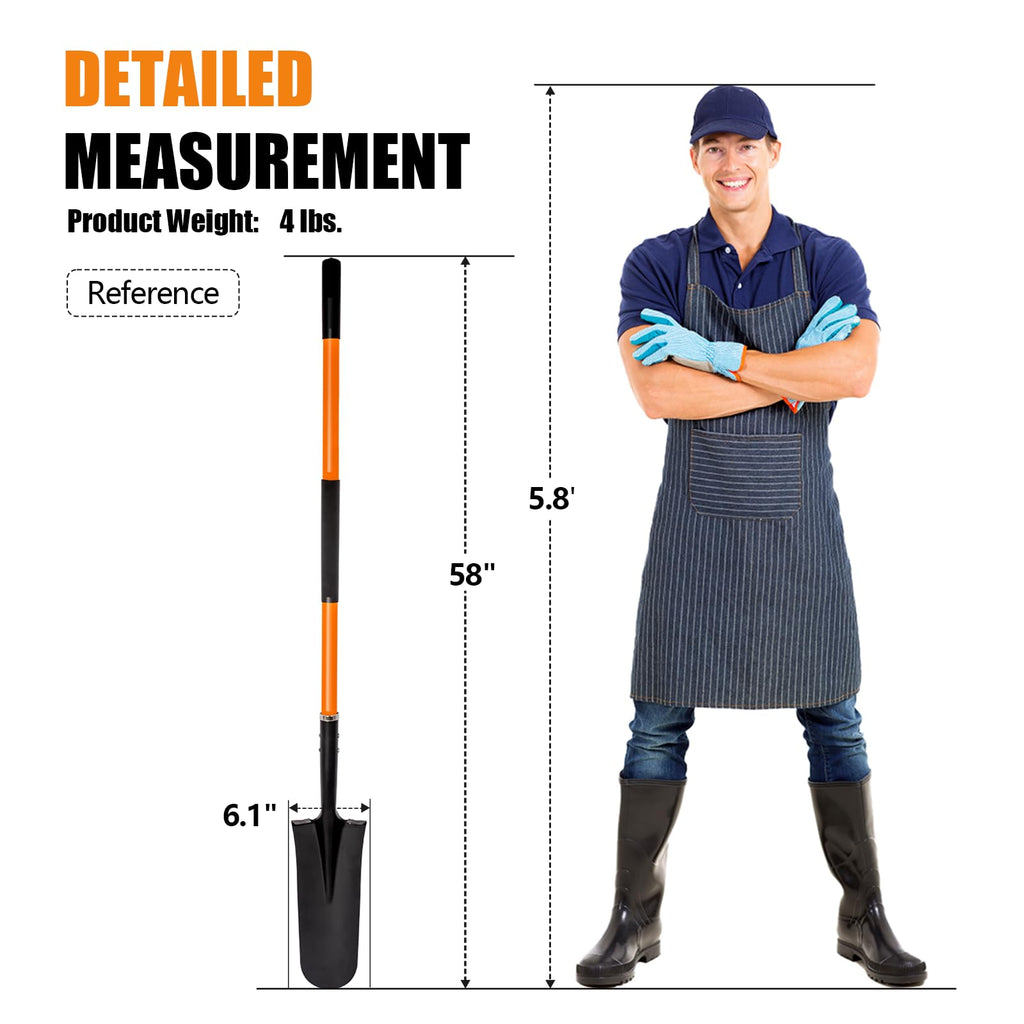 VNIMTI Heavy Duty Shovel with Fiberglass Handle for Digging and Gardening, Metal, 58 Inches