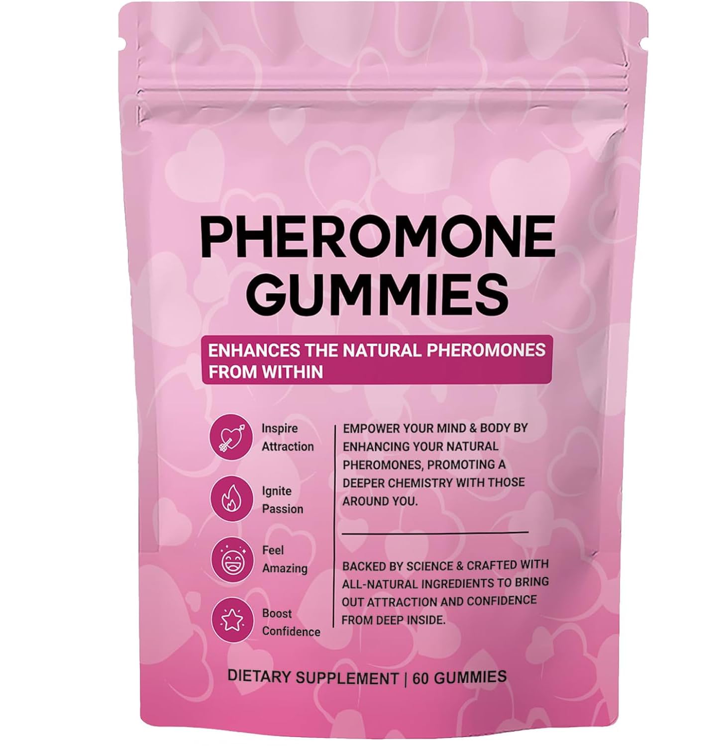 Boasi Pheromone Gummies with Slippery Elm, for Women,Enhance Charm,Supports Balance,Confidence & Social Vibe,Vegan,Non-GMO,Gluten-Free,Strawberry Flavor,60 Gummies