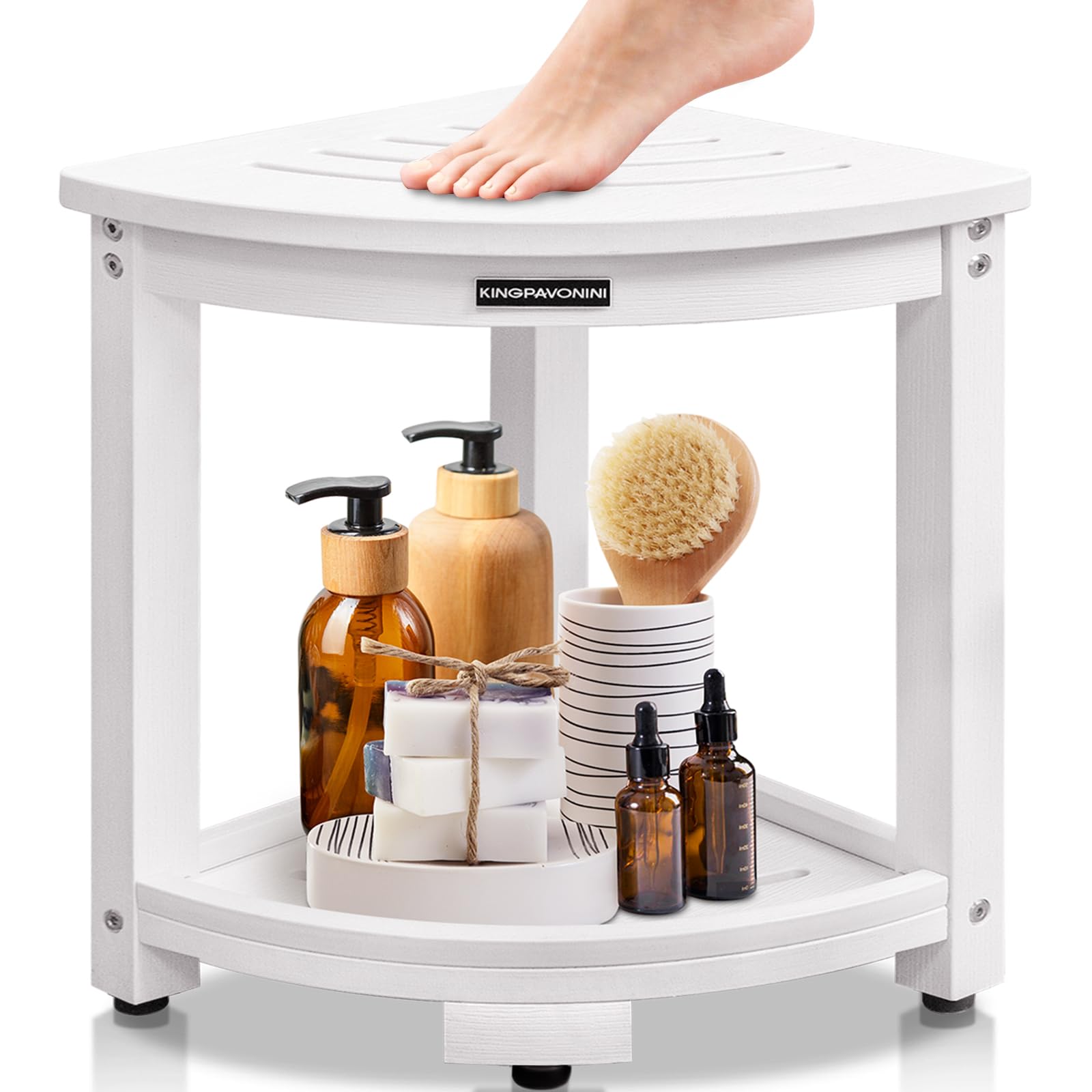 KingPavonini Waterproof Corner Shower Stool for Inside Shower, Anti-Fading Shower Bench for Shaving Legs, HDPS Anti-Fracture Shower Seat with Storage Shelf, Rapid Assembly, Load 400 Pounds