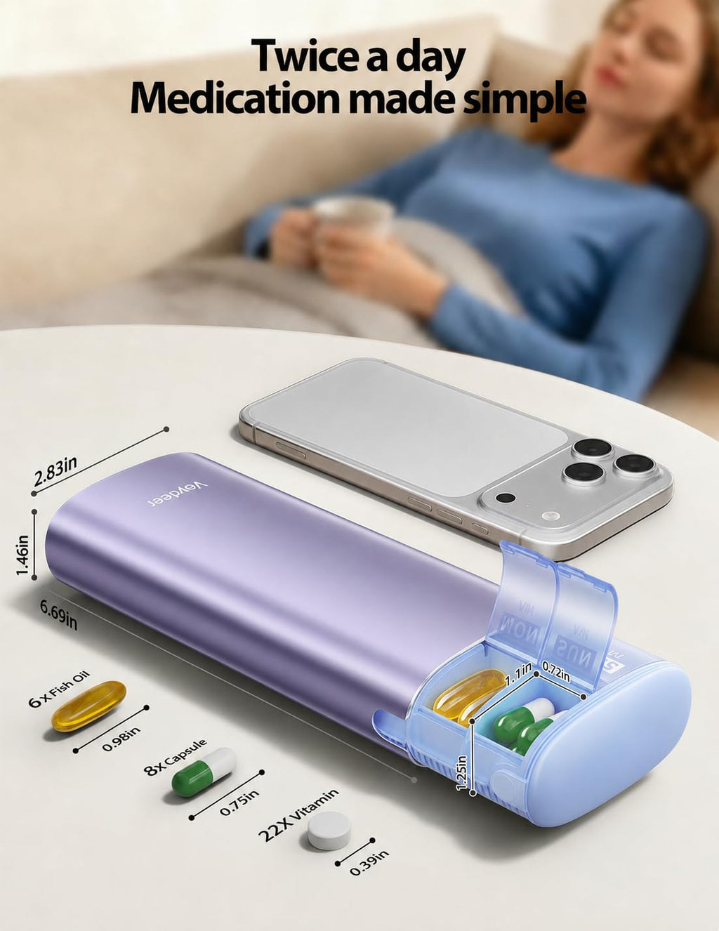 Vaydeer 7 Day Weekly Pill Organizer 2 Times a Day, Metal Am Pm Travel Pill Case, Large Capacity Twice Daily Cute Pill Box for Supplements, Pills, Vitamins and Medication (Purple)