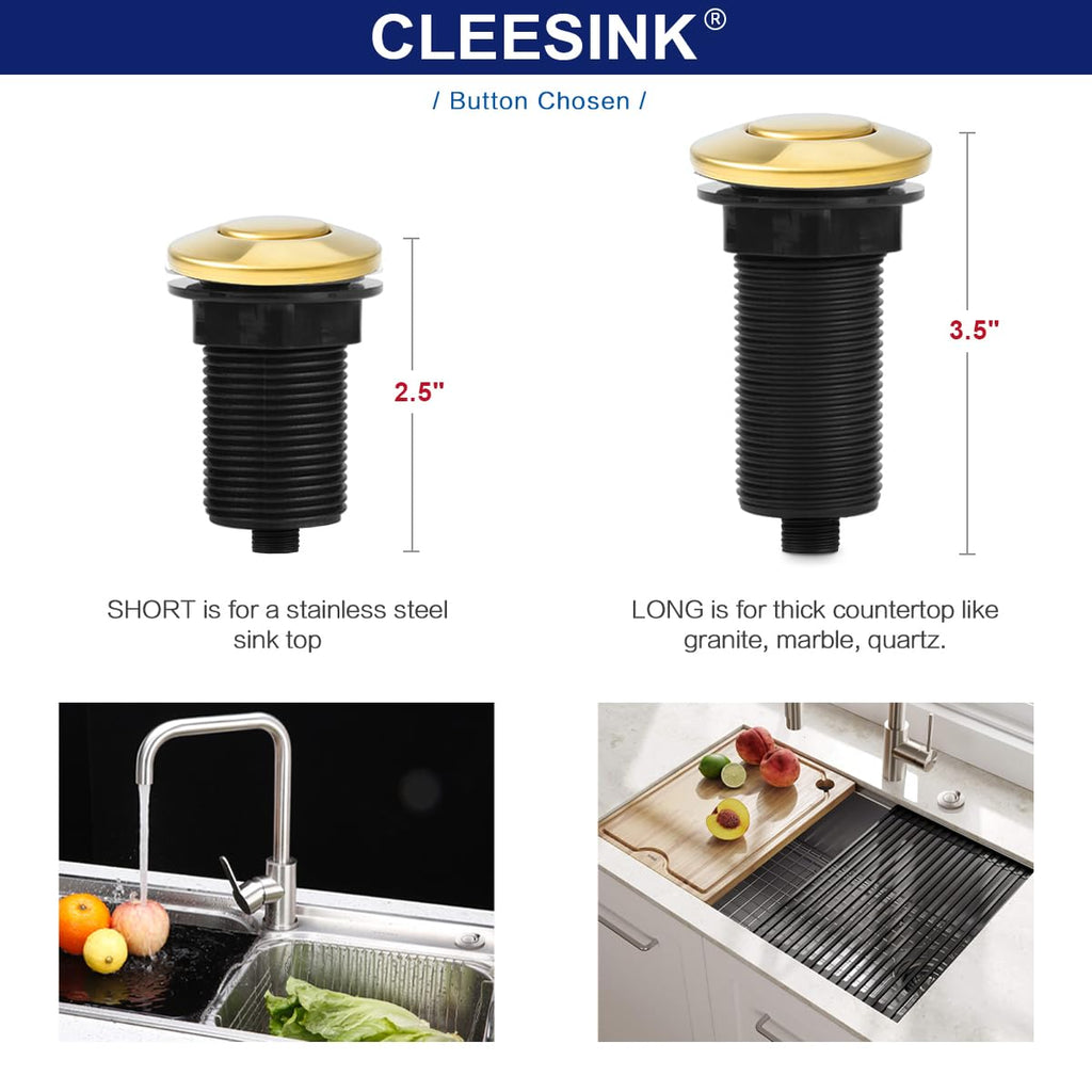 Sink Top Air Switch Kit Garbage Disposal Part by CLEESINK (LONG/3.5", Polished Gold)