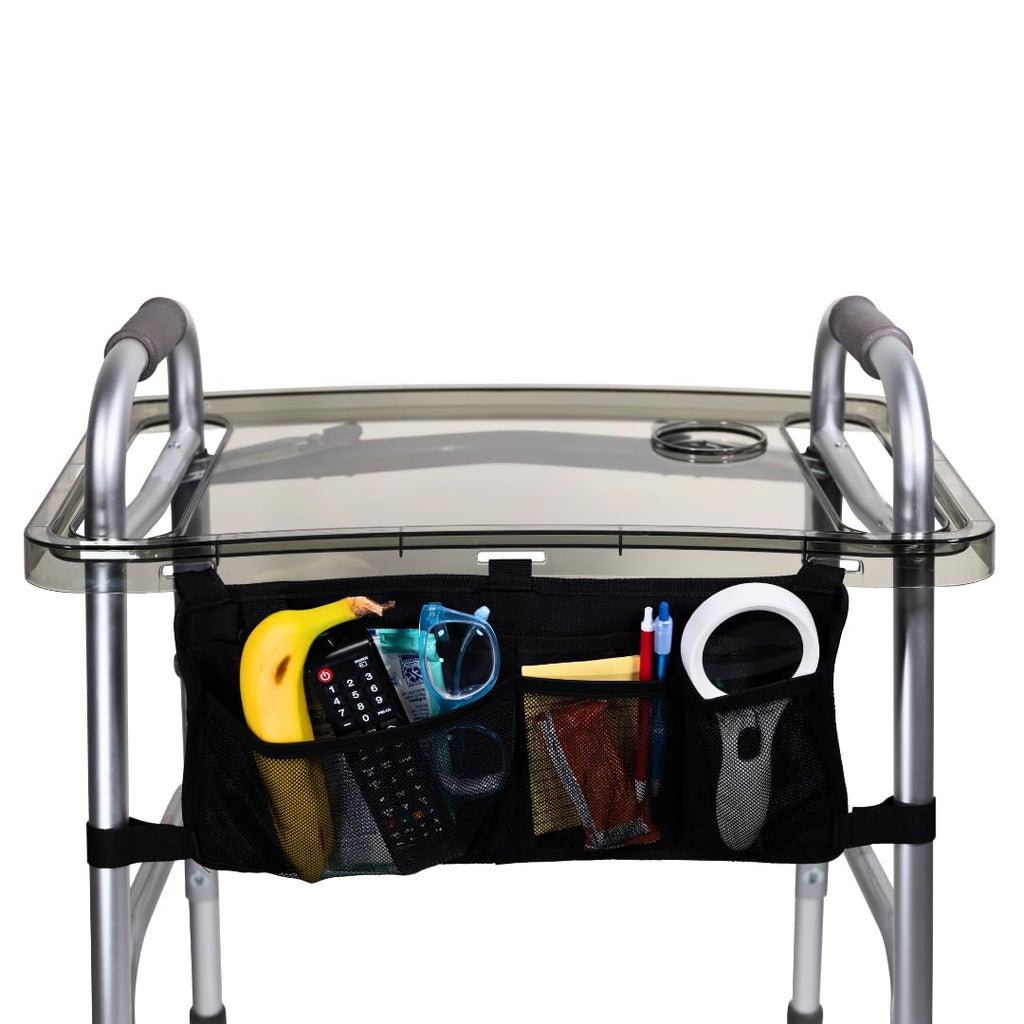 StrongArm Clear View Walker Tray + Bag + Non-Slip Mat & Cup Holder, Tray for Folding Walkers, Food Tray, Walker Accessories, Tray Table for Standard Adult Walkers (Black)