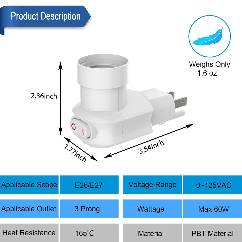 4 Pack Plug in Light Socket, 3-Prong Light Bulb Socket Adapter, 360° Rotatable Light Bulb Plug Adapter with Switch (ETL Listed, White)