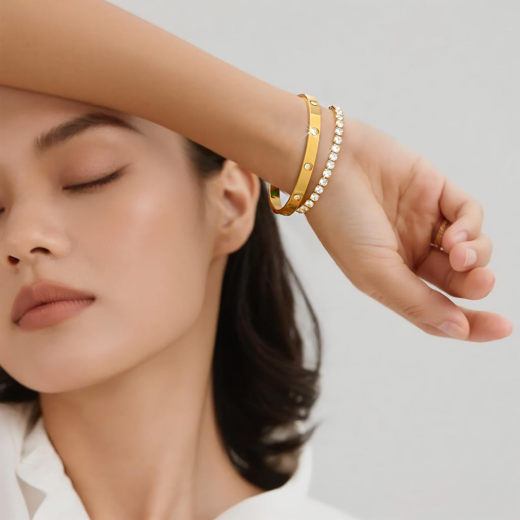 Stackable Gold Bracelets for Women - 2Pcs 18K Gold Plated Cubic Zirconia Bangle Bracelet Friendship Tennis Bracelet Stack Jewelry,Party Christmas Birthday Gift for Girlfriend Sister Wife Daughter