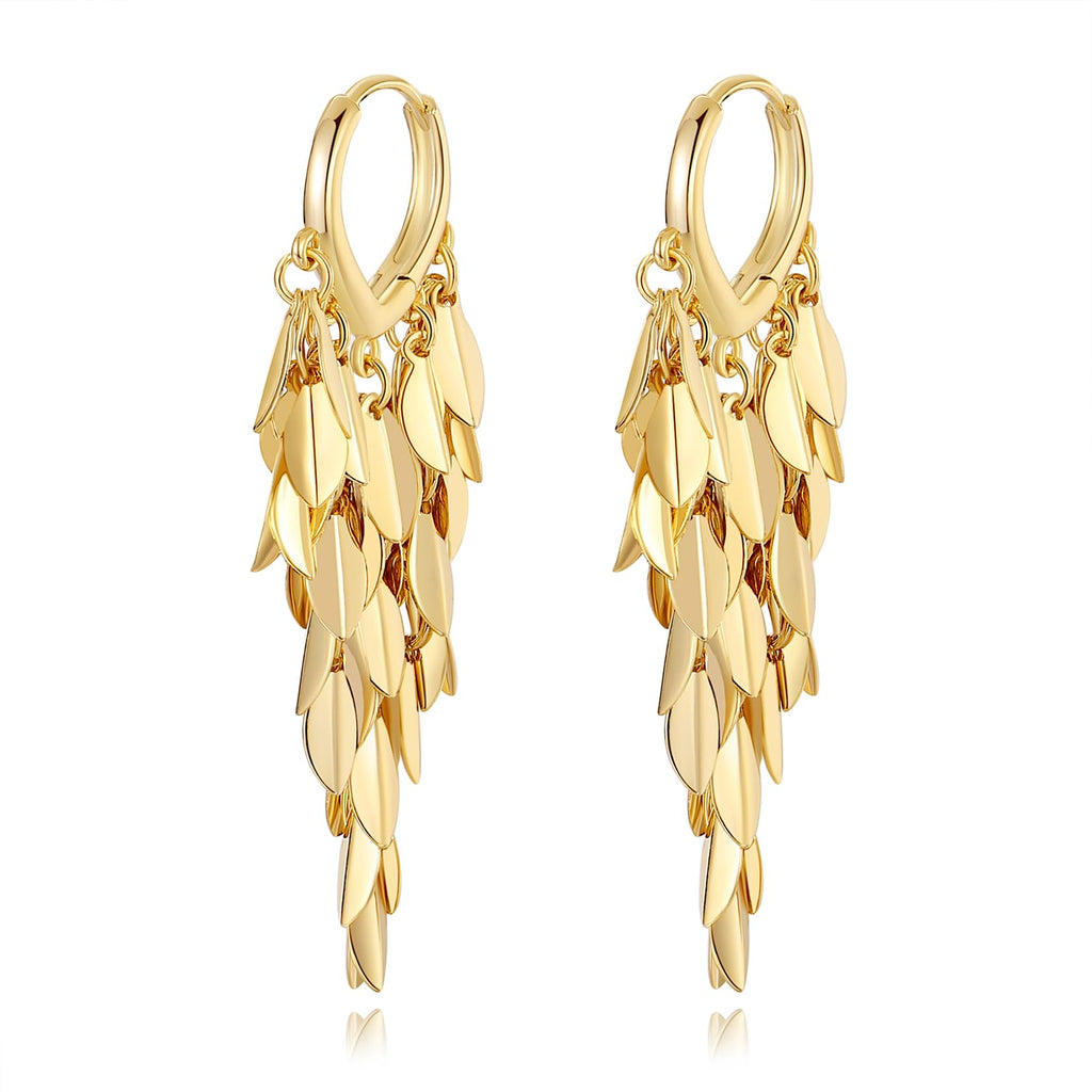 Hius 18K Gold Plated Sparkle Leaf Hoop Dangling Earrings for Women