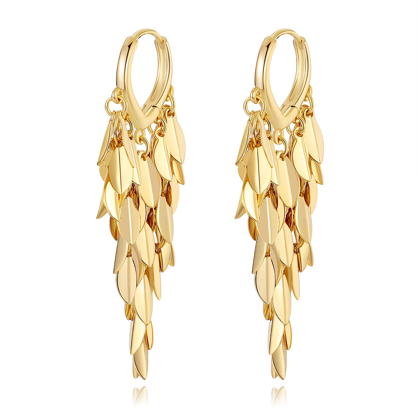 Hius 18K Gold Plated Sparkle Leaf Hoop Dangling Earrings for Women