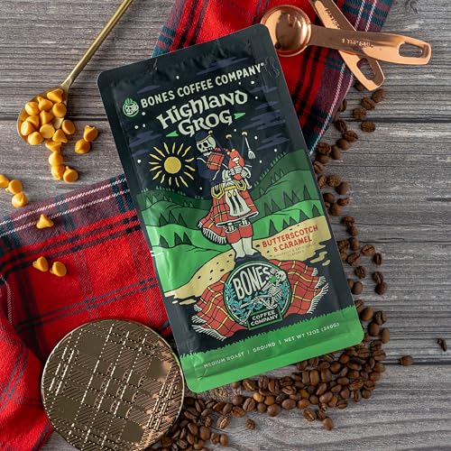 Bones Coffee Company Highland Grog Flavored Coffee Beans, Whole Bean Coffee Medium Roast Low Acid, Butterscotch Caramel Flavor (12 oz)
