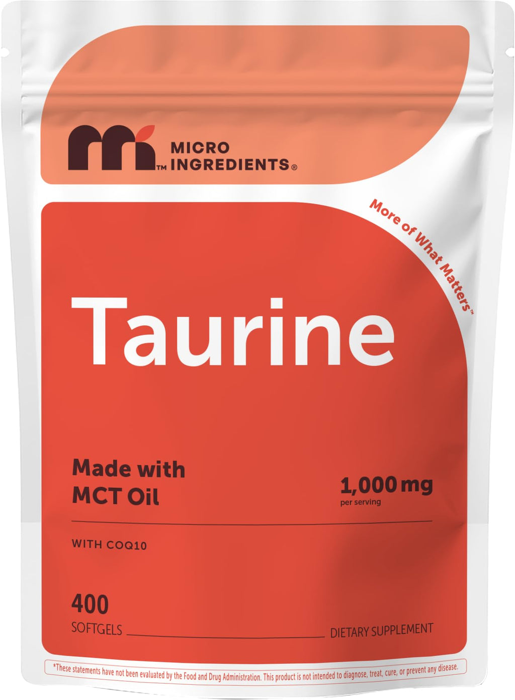 Micro Ingredients Taurine 1,000 mg with Coq10 | Free-Form Taurine Supplement with MCT Oil | Amino Acids for Exercise Energy & Heart Support* | 400 Softgels, Non-GMO