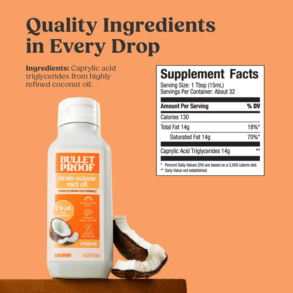Bulletproof Coconut Brain Octane C8 MCT Oil, 16 Ounces (Pack of 3), Premium Keto Supplement for Sustained Energy, Brain and Body Fuel, Unflavored, Add to Coffee and Smoothies, Packaging May Vary