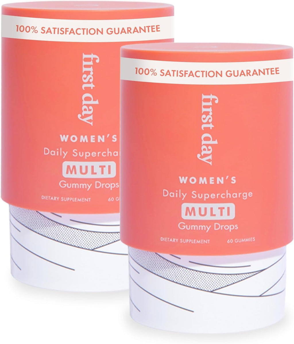 FIRST DAY Women’s Daily Supercharge Multivitamin Gummies – Vitamins A, B1, B6, B12, C, D3, E & K + Magnesium, Zinc, Biotin – Made w/Organic Fruits & Veggies, Only 2g Sugar – 2-Pk, 60 Day Supply