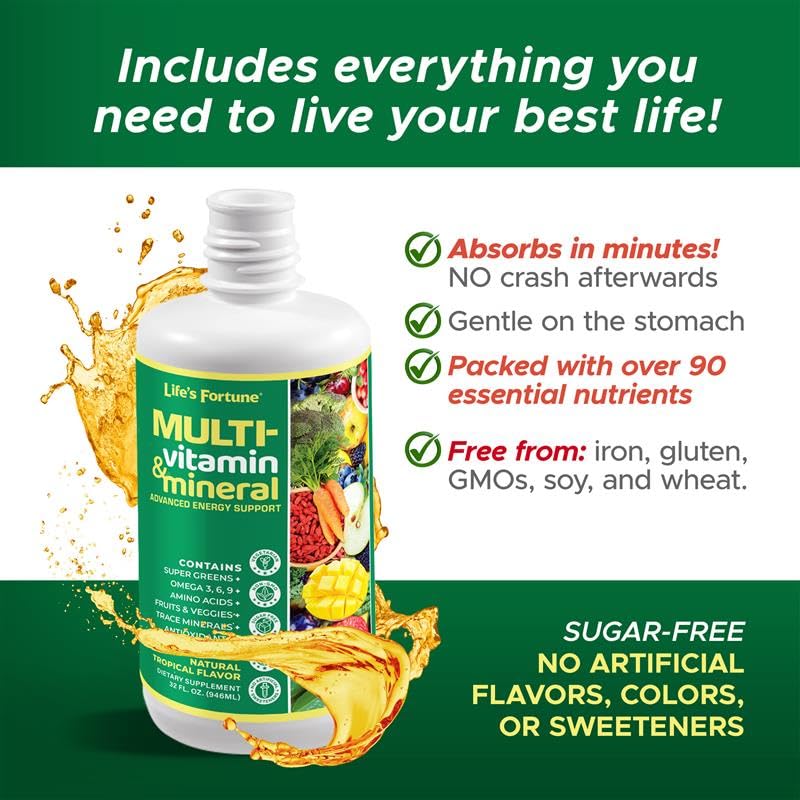 Life's Fortune Liquid Multivitamin for Adults Men & Women, Teens – High Absorption Daily Vitamins – Trace Minerals, Amino Acids with Biotin, L-Arginine, Potassium – Tropical Flavor, Sugar Free, 32 oz