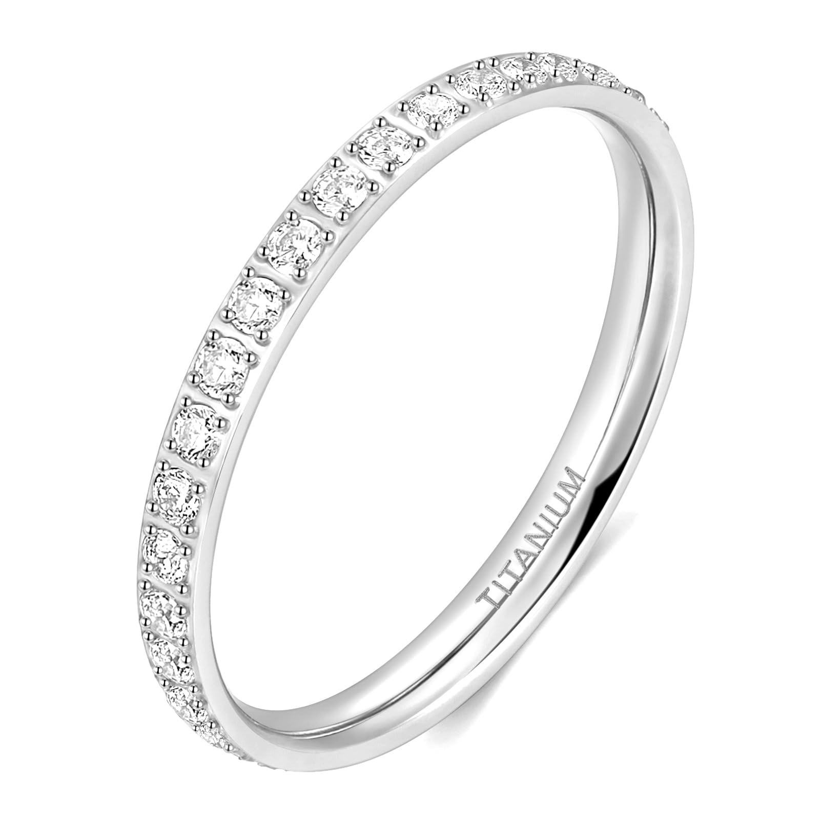 TIGRADE 2mm Women Titanium Eternity Ring Cubic Zirconia Anniversary Wedding Engagement Band Size 3-13.5, Silver, Size 6.5