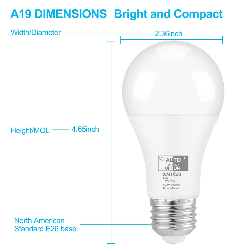 Qualilux Dusk to Dawn Light Bulbs, Auto On/Off Light Sensing LED Bulbs Outdoor, Daylight, A19 4-Pack, 12W 1000LM 75W Equivalent, HQ-H024