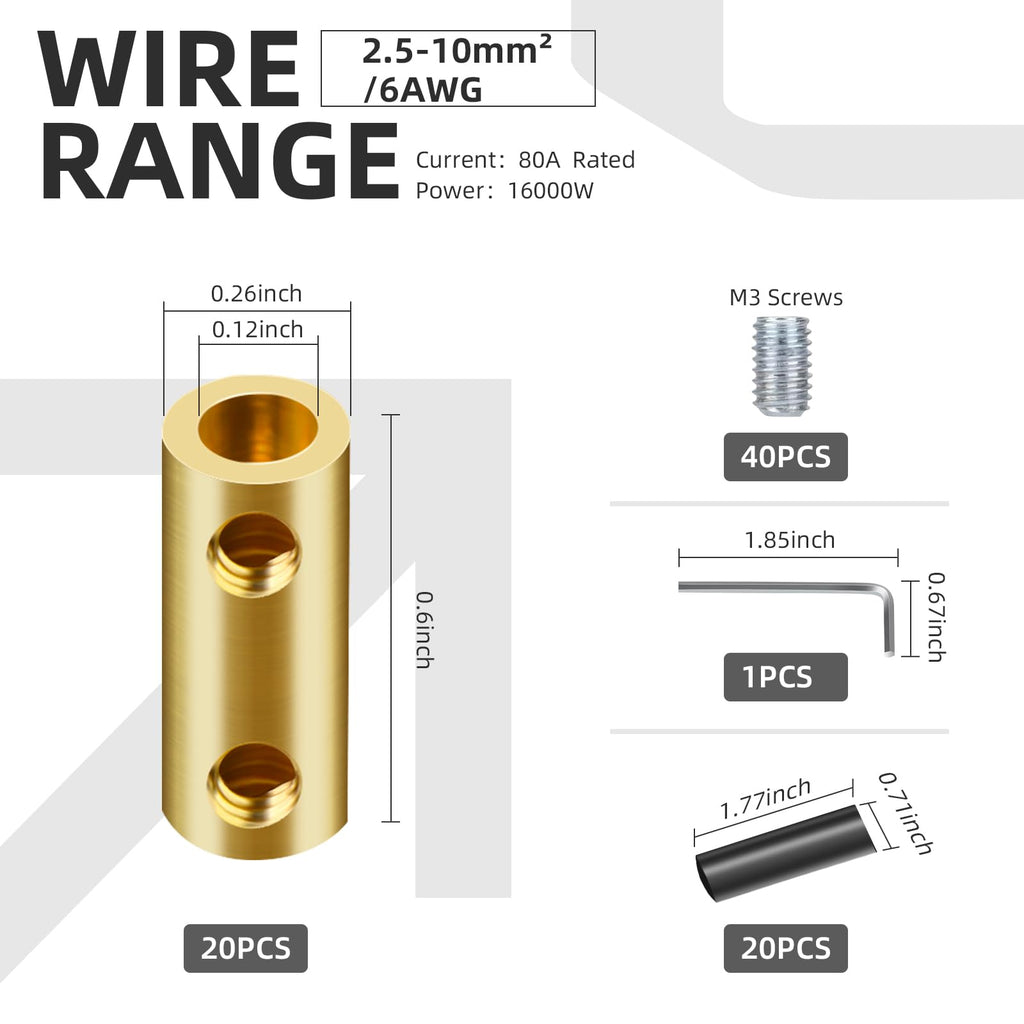 20PCS 6-10AWG 6 8 10 Gauge Wire Connector Nut Kit, 80Amp Screw Quick Wiring Connection Terminal, Splicing Quick Wire Connectors, Circuit Wire Butt Bras Connector with Heat Shrink Tube Wrench