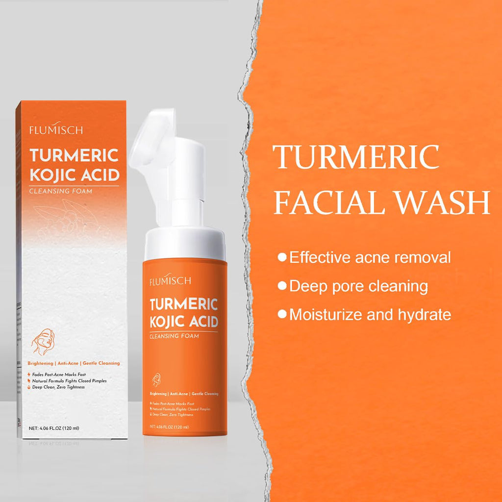 FluMisch Turmeric Kojic Acid Foaming Facial Cleanser, Kojic Acid And Turmeric Exfoliating Face Wash With Brush (4.23 fl.Oz), 2pcs