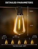 VOZUJI Outdoor Patio String Lights: 200Ft 60M Outside Waterproof Light - Remote Dimmable ST38 Shatterproof Bulb Connectable Hanging Outdoor Electric Lighting - Backyard Yard Gazebo Porch Party