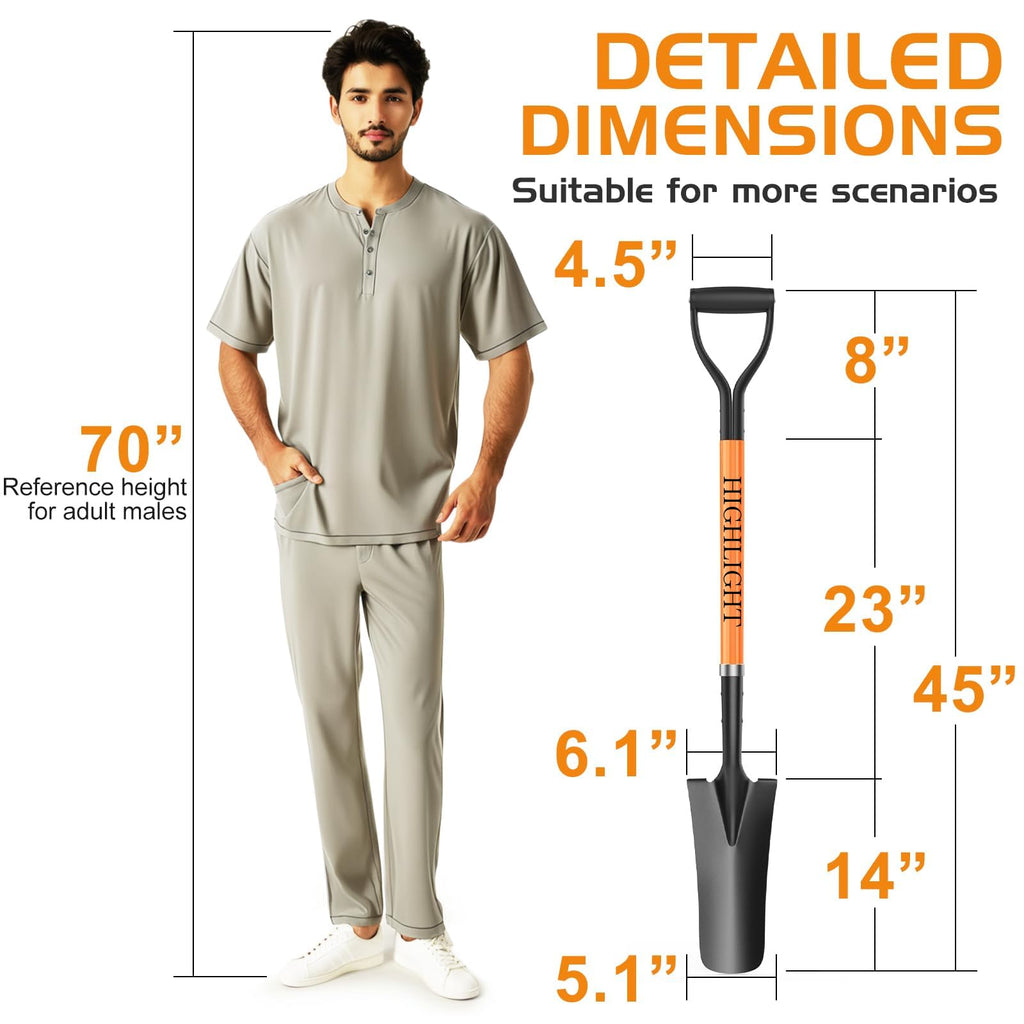 HIGHLIGHT Drain Spade Shovel 45Inch Orange Fiberglass D Grip Trench Digging