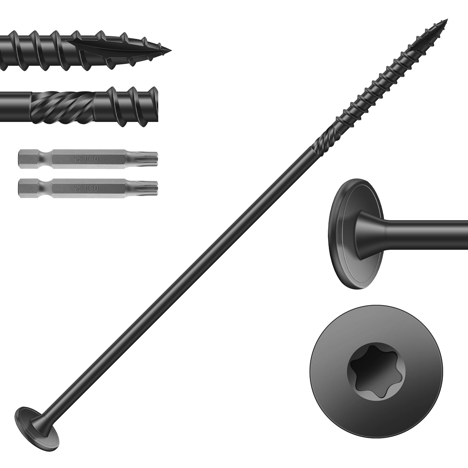 SG TZH #14 x 7 Inch Outdoor Structural Wood Deck Screws (32Pcs/2lb), Carbon Steel, Black, Flat Head, Rust Resistant Epoxy Coated, T30 Star Bit