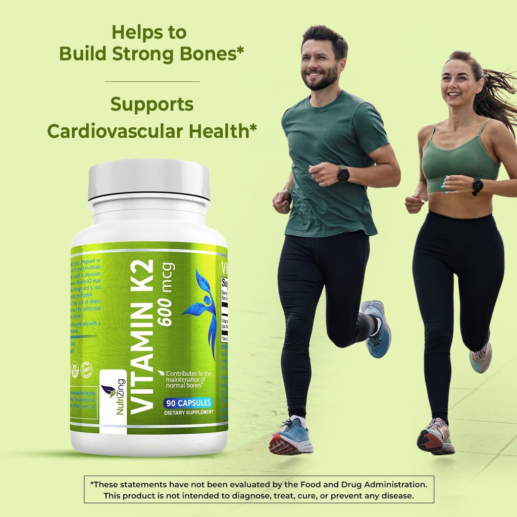 NutriZing K2 Vitamin Supplement MK-7 - High Strength 600mcg - Supports Bone & Arterial Health - 90 Vegan Capsules - Vitamin K2 for Men & Women - 3 Month Supply