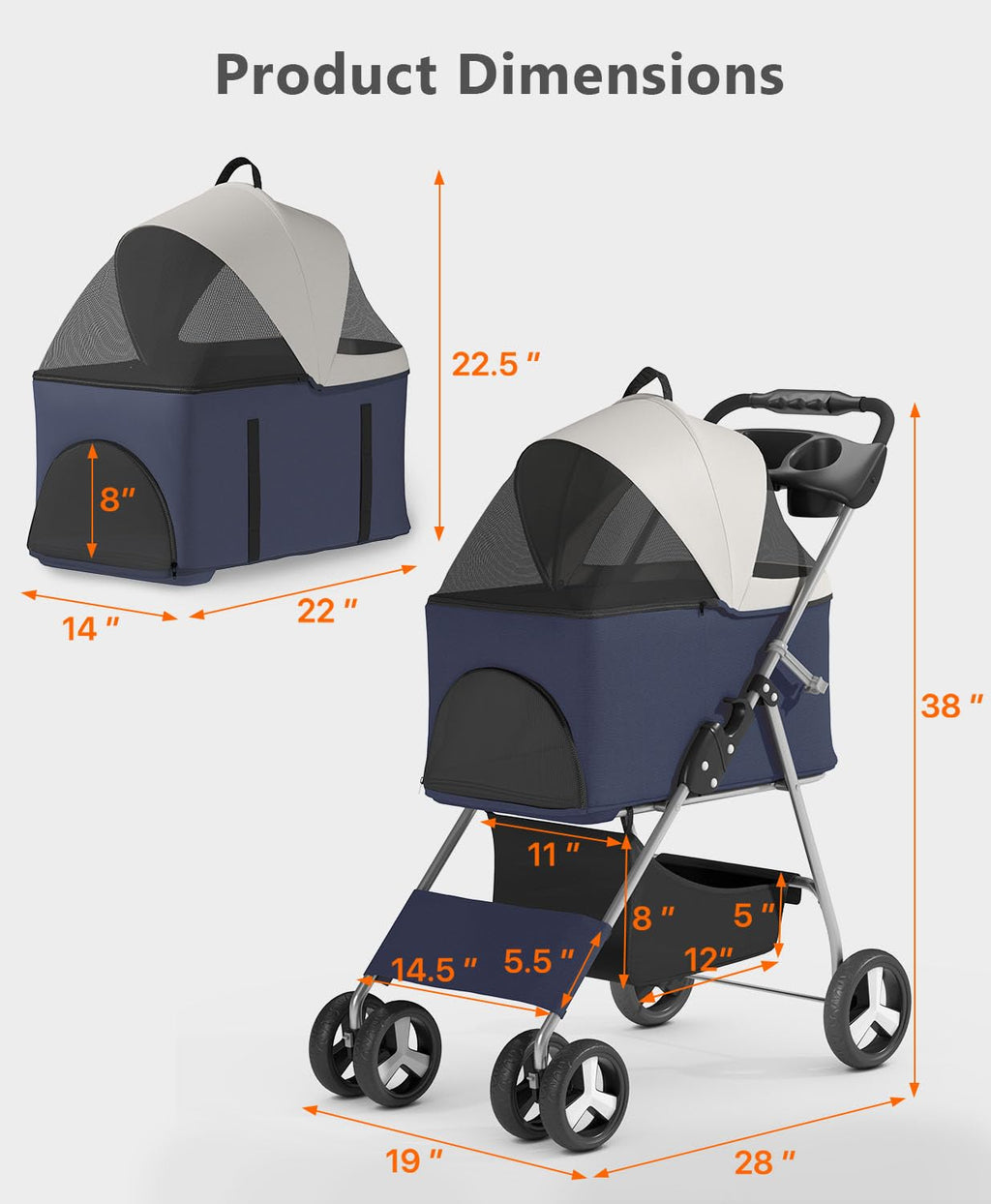 OS MOTOR Pet Stroller with 4 Wheels for Small/Medium Pets,Travel Foldable Detachable Carrier for Dog Cat Cage Jogger Stroller, Rear Wheel Breaks, Storage Basket, Visible Mesh Weather Cover (Navy Blue)