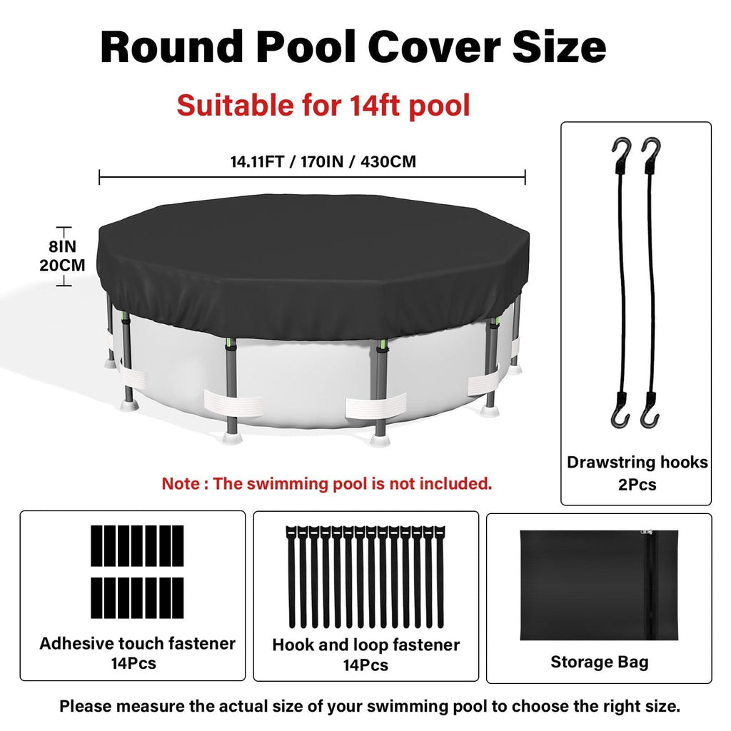 SAFANA 14FT Round Pool Covers for Above Ground Pools, Round Swimming Pool Cover [Upgrade 420D Thicker] Protective Leaf Cover with Reflective Strip, Tear Resistant Durability, UV Resistance, Black