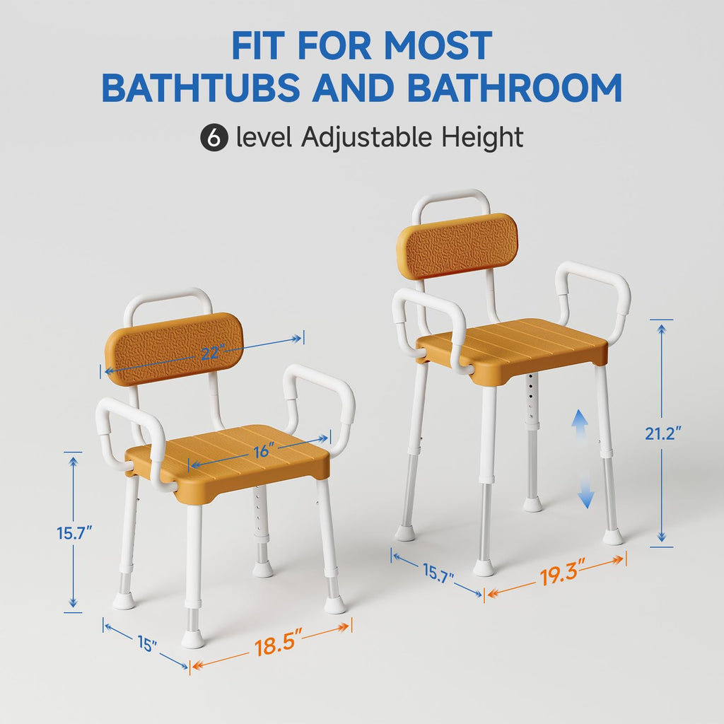 Loyoda Shower Chair for Inside Shower ，Bath Chair with Arms and Back,Aluminum Shower Stool for Tub,Slip Resistant Shower Bench,Height-Adjustable Shower Seat with Padded Handles for Seniors，Brown