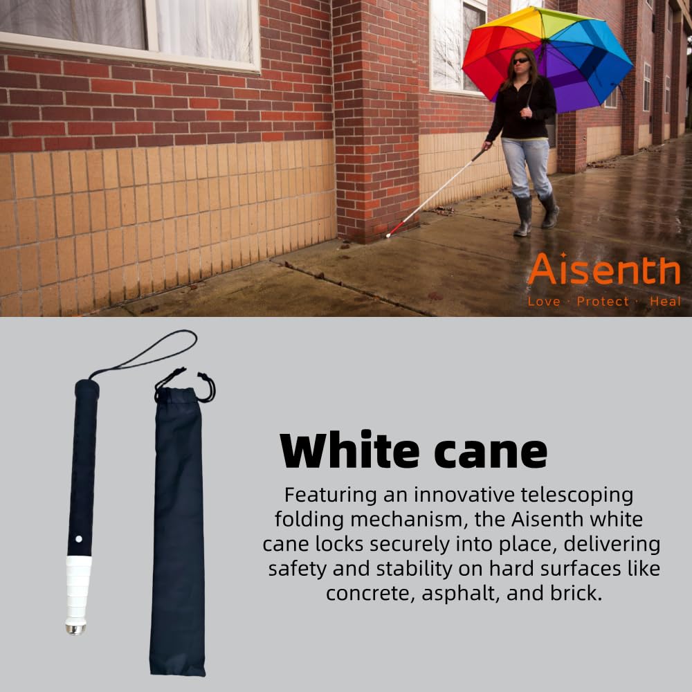Aisenth Telescopic Retractable White Cane for Blind-Foldable Mobility Stick with Wrist Strap&Storage Pouch,Non-Slip Sweat-Absorbent Handle,Fixed Alloy Tip|Lightweight Portable Blind Walking Cane Stick