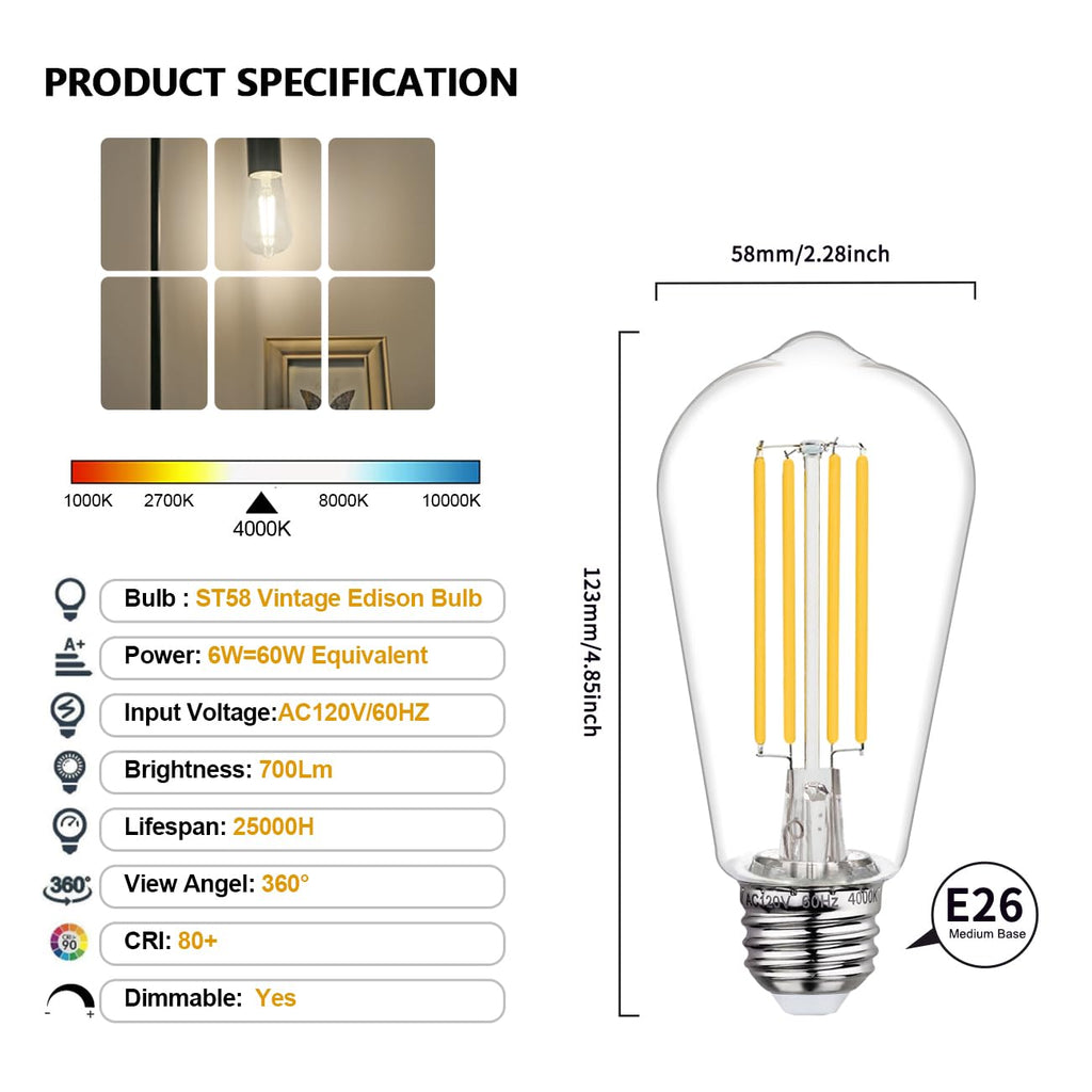 BORT ST58/ST19 Vintage LED Edison Bulbs, 6W Equivalent 60W Filament Light Bulbs, Dimmable 700LM, E26 Base LED Bulbs, Clear Plastic (Daylight White, 12 Pack)