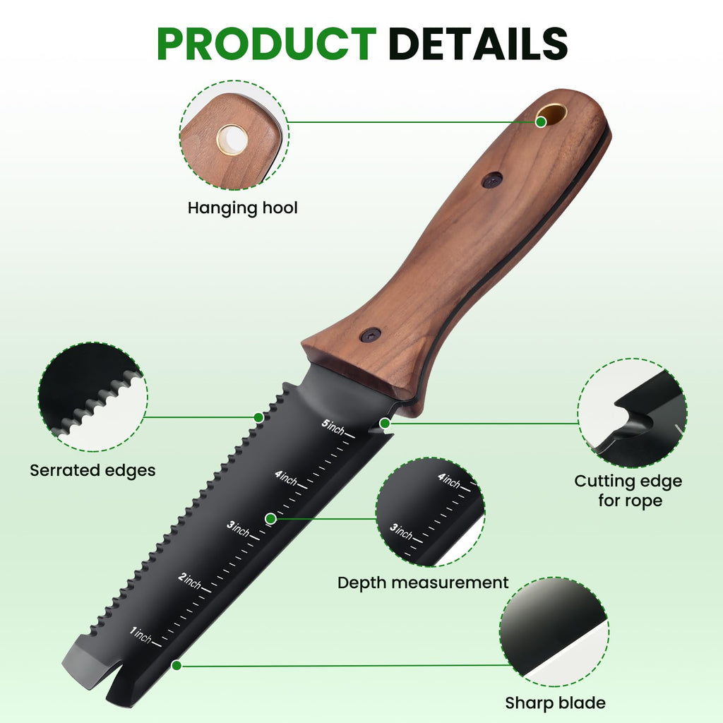PERWIN Hori Hori Garden Knife, Garden Tools with Sheath, 6" Stainless Steel Blade with Cutting Edge, Full-Tang Walnut Ergonomic Wood Handle with Hanging Hole, Weeding, Planting, Digging