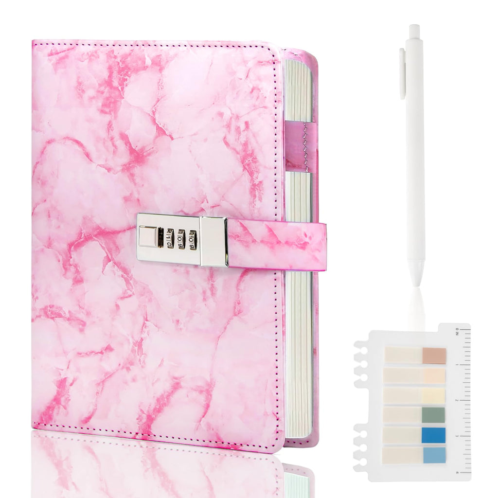 Kutoda Marble Diary with Lock, 192 Pages College Ruled Secret Journal with Lock, Waterproof A5 locked journal for women, Cute Diary Stuff for Teen Girls (Pink)