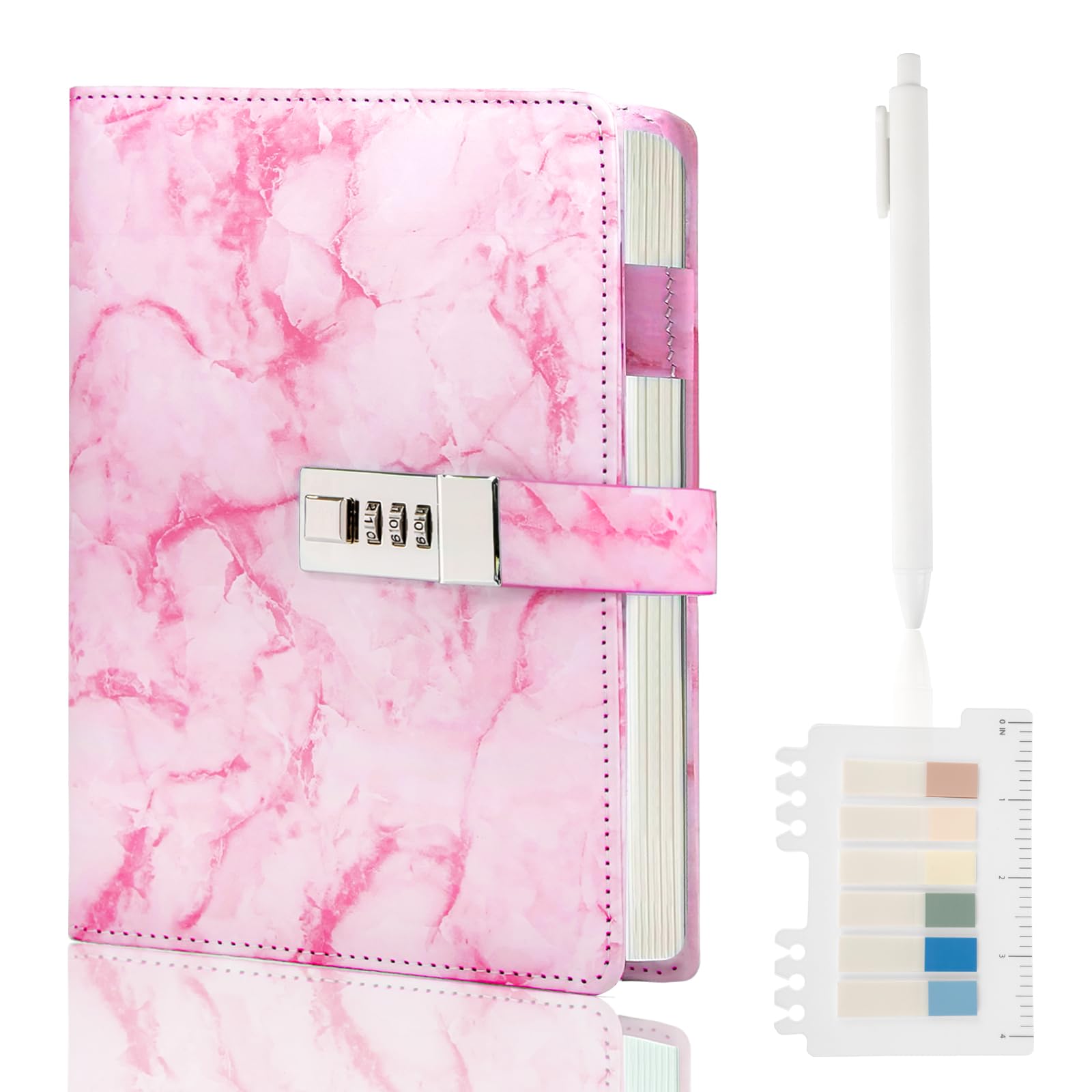 Kutoda Marble Diary with Lock, 192 Pages College Ruled Secret Journal with Lock, Waterproof A5 locked journal for women, Cute Diary Stuff for Teen Girls (Pink)