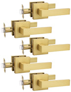 Tinewa 5 Pack Gold Keyless Square Levers Handles, Satin Brass Finish, Interior Passage Door Locksets for Hall Closet Door Knobs Lock Reversible Right & Left Handed