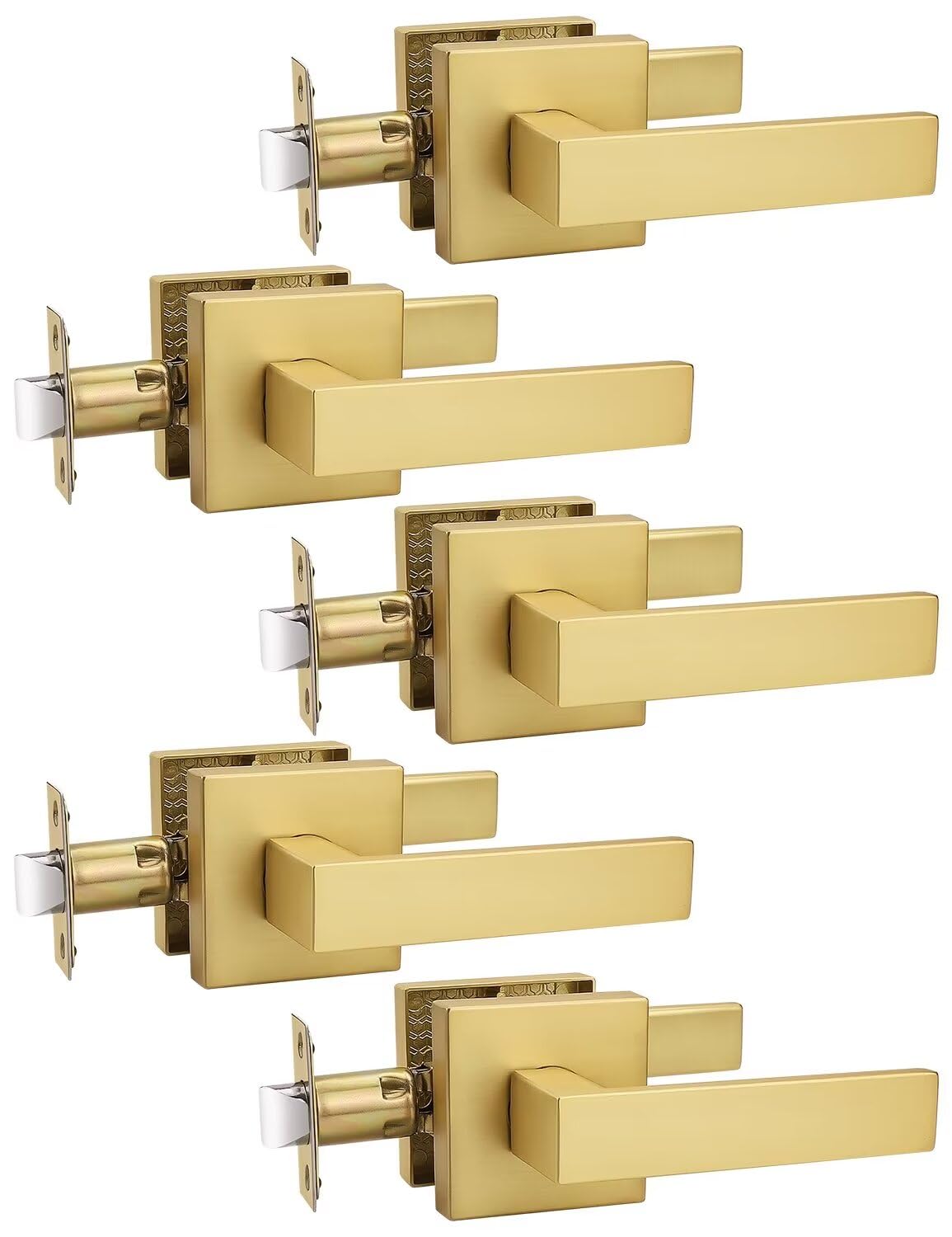 Tinewa 5 Pack Gold Keyless Square Levers Handles, Satin Brass Finish, Interior Passage Door Locksets for Hall Closet Door Knobs Lock Reversible Right & Left Handed