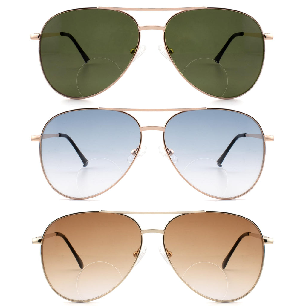 SOPHILY 3 Pack Bifocal Reading Sunglasses for Women Men, Aviator Sun Readers Glasses Gradient Lens Shades UV400 +2.0