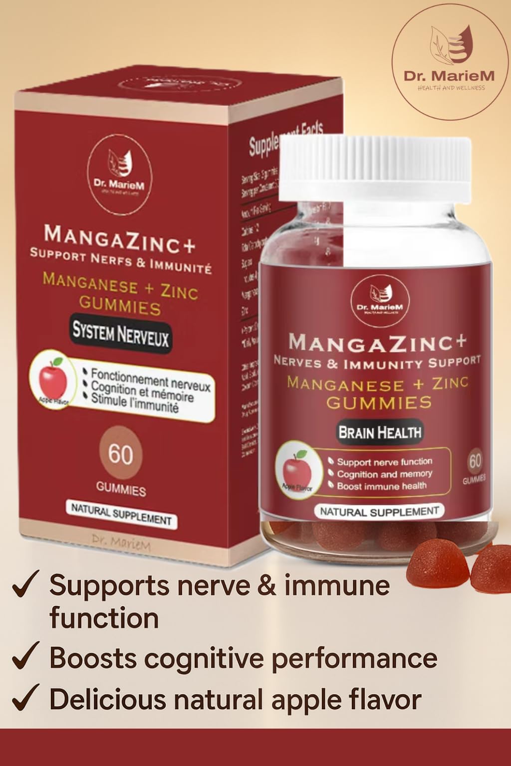 Dr. MarieM MangaZinc+ Gummies – Manganese + Zinc for Nerve Function, Cognitive Support & Immune Health – Apple Flavor – 60 Gummies