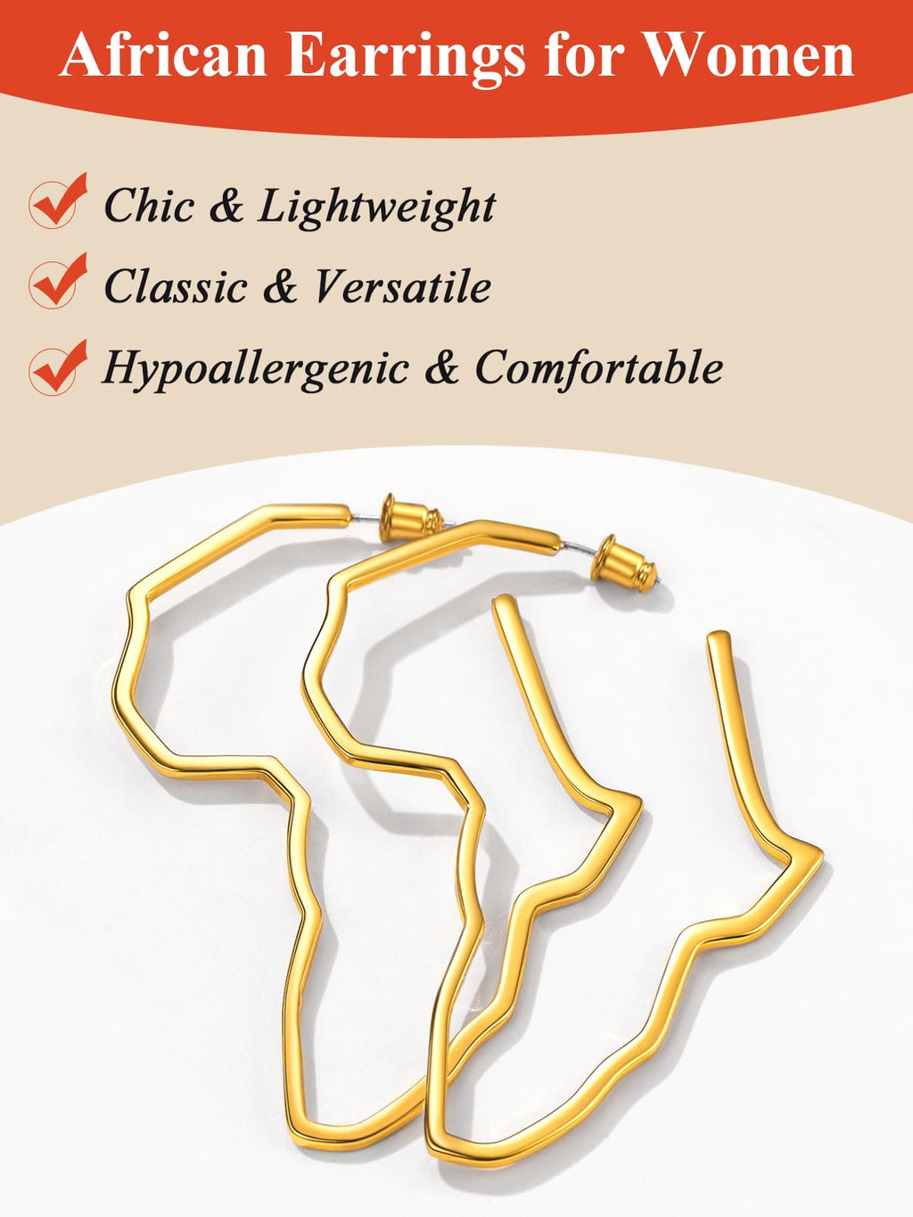 FaithHeart Gold Hoop Earrings for Women, Trendy 14K Gold Plated Large African Map Huggie Hoop Earrings Non Tarnish Everyday Jewelry