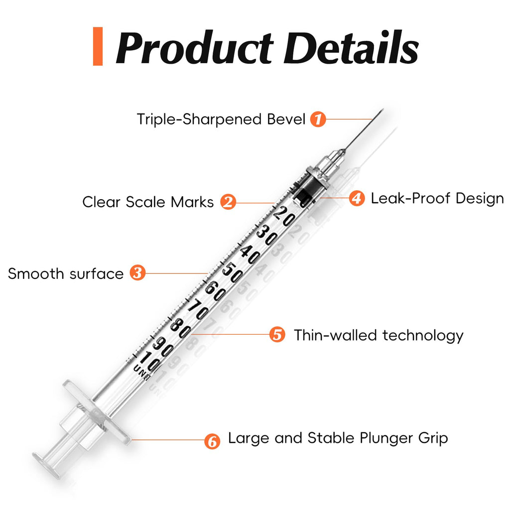 100 Pack 1 ml/cc 31 G 5/16 Inch Syringe, Individually Packed