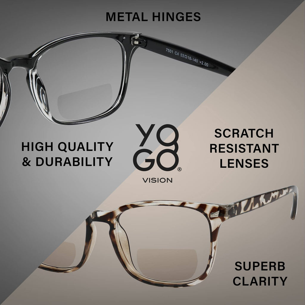Yogo Vision Bifocal Reading Glasses for Women Men Rectangle Multifocal Readers Fashion Nerd Eyeglasses 3 Pack: Black, Clear, Grey Havana 2.5