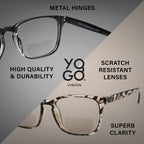Yogo Vision Bifocal Reading Glasses for Women Men Rectangle Multifocal Readers Fashion Nerd Eyeglasses 3 Pack: Black, Clear, Grey Havana 2.5