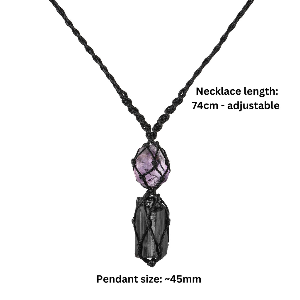 Handmade Raw Black Tourmaline & Amethyst Necklace – Macramé Crystal Pendant for Spiritual Balance, Grounding & Everyday Energy Gift for Men, Women
