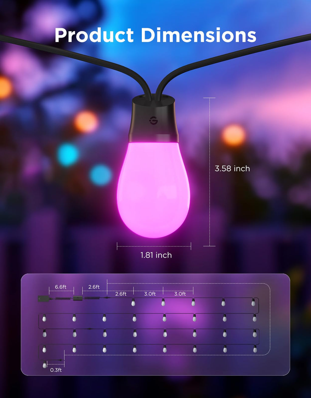 Govee S14 Bulb Outdoor String Lights 2, 96ft Smart RGBIC Warm White Lights with 30 LED Bulbs(2 Ropes of 48ft), 111 Scene Modes for Patio Decor, IP66 Compatible with Alexa, Google, Matter, APP Control
