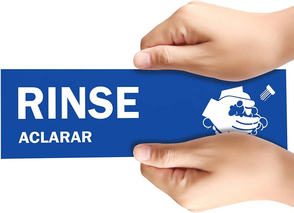 ASSURED SIGNS Wash Rinse Sanitize Sink Labels - 2.75" x 9" - 10 Pack - 3 Compartment Sink Stickers - Includes Hand Wash Only Sign - Bilingual English Spanish - For Restaurant Food Truck Commercial Kitchen