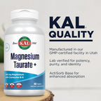 KAL Magnesium Taurate 400mg Plus CoEnzyme Vitamin B6, Chelated Magnesium Supplement, Muscle Function, Gluten Free, Vegan, 90 Serv, 180 Tablets