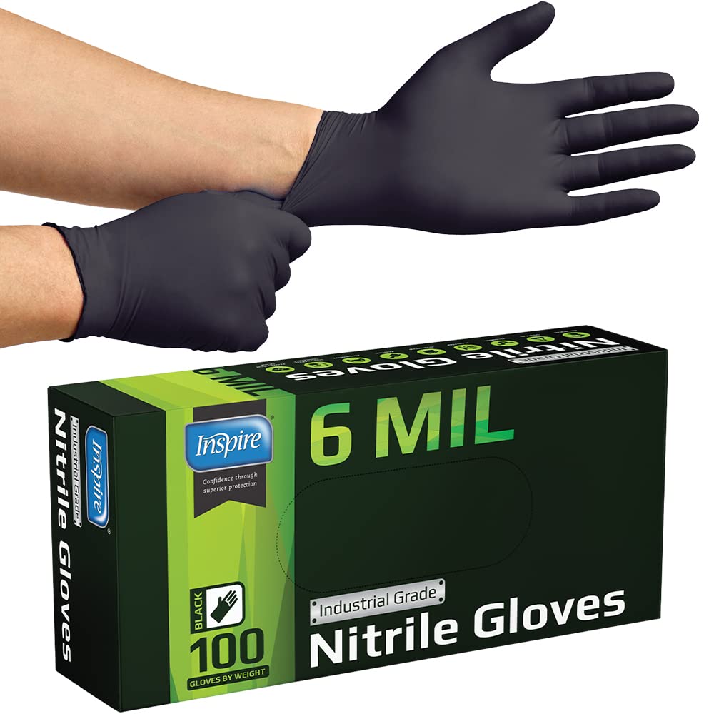 Inspire HEAVY DUTY 6Mil ORIGINAL Quality Stretch Nitrile Gloves Black Disposable Latex Free | Food, Industrial, Mechanic Tattoo (6Mil Black, XXL)